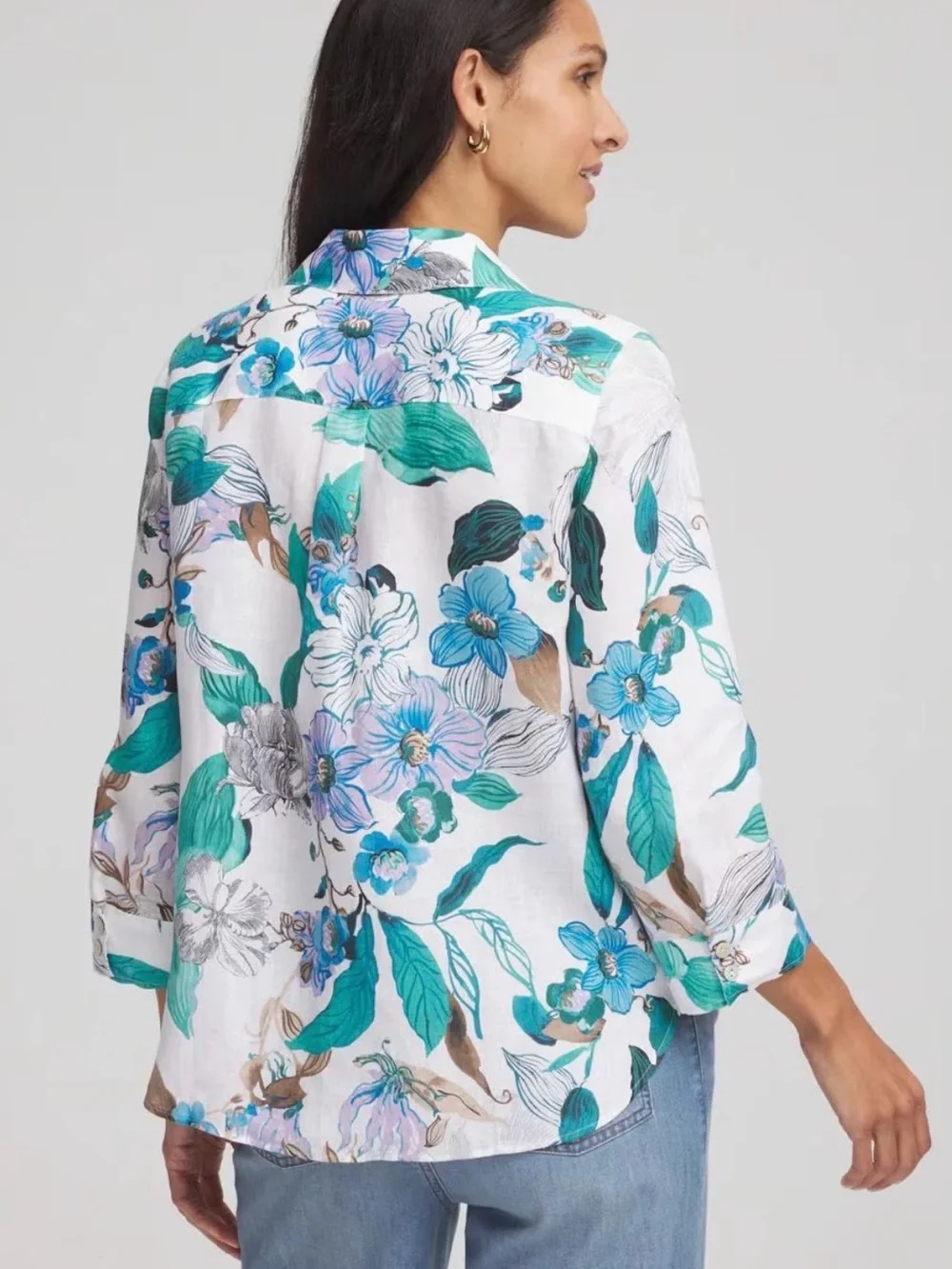 Chicos No Iron floral Linen Button Down Shirttail hem top blouse, size 1, M